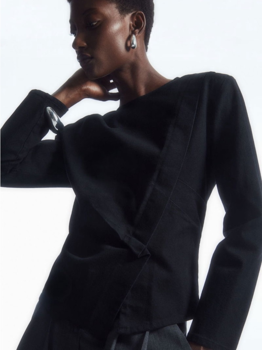 COS Draped Black Denim Top Long Sleeve Architectural Minimalist US 12 L Y2K Fall